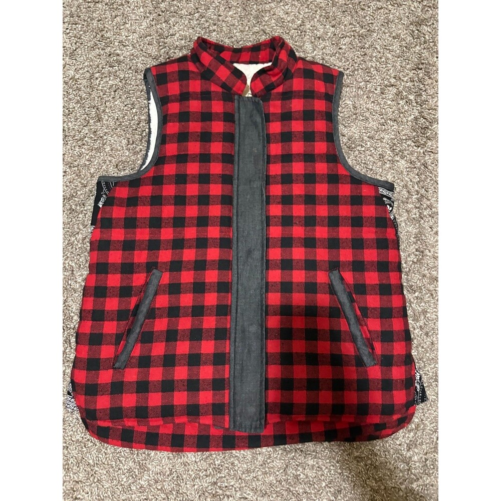 En Creme Vest Women's Small Buffalo Plaid Sherpa Black and Red 80% Polyester